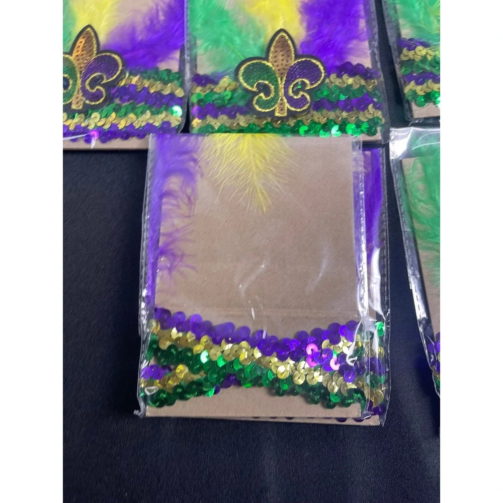 6pc Mardi Gras Fleur-de-lis Sequin Feather Party Favor Bags Purple Green Gold